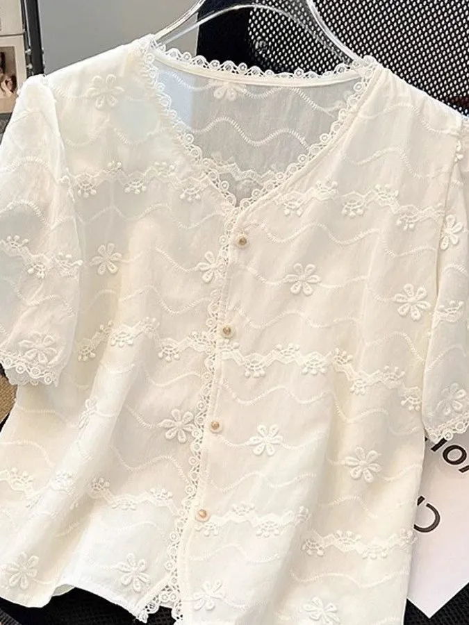 

Korean Sle Loose Fit Women's ort Sve irt V-Ne Bubble Sve Floral Print Casual Busin Office Wear Summer Top