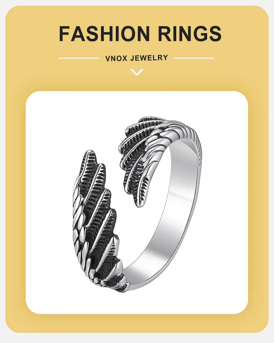 Vnox Herren Edelstahl Engelsflügel Offener Ring Retro Feder Verstellbarer Bandring Punk Vintage Fingerschmuck Geschenk für Ihn – Detail 1