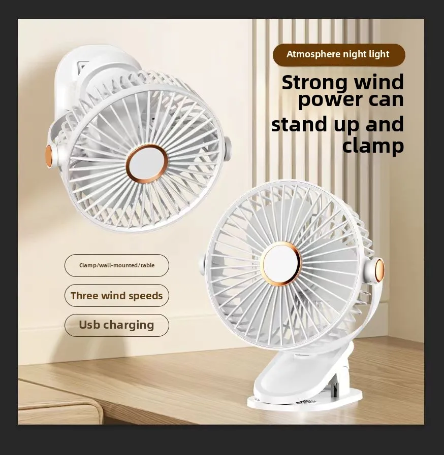Fan portable mini desktop/clip on/hanging, TYPE-C charging 800mAh battery life fan, 5-speed wind/2-level LED light adjustment image 3