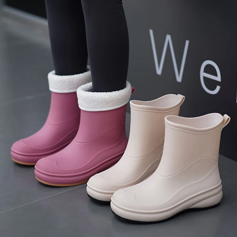 New Fashionable Women\'s Rain Boots Mid-calf Non-slip Water Boots Waterproof Rubber Shoes Outdoor Non-slip Car Wash Water Shoes