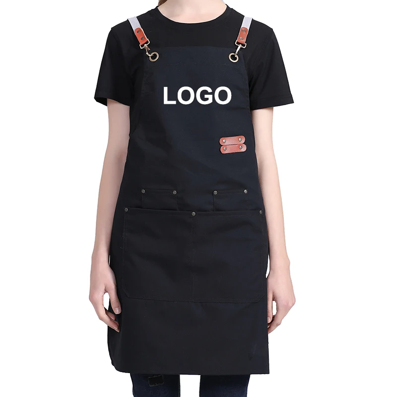 Apron for Women Men Custom Logo Cross Back Waterproof Kitchen Apron Restaurant Server Mandil Cotton Canvas Chef Work Bib Aprons