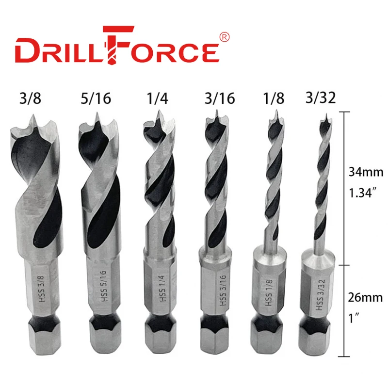 Drillforce Lavorazione Del Legno Stubby Drill Bits Set Brad Point Twist Cambio Rapido Utensili Da Taglio 3/32 "1/8" 3/16 "1/4" 5/16 "3/8"