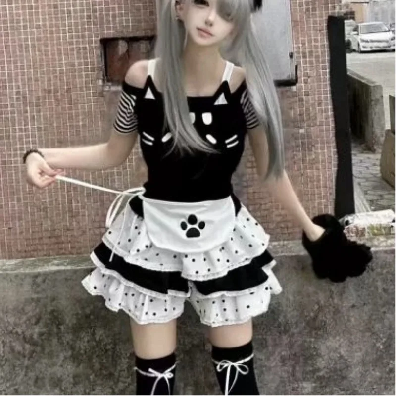 

Японский комплект из 2 предметов Sweet Kawaii, женские топы с короткими рукавами и принтом + юбка в горошек, новые летние милые модные костюмы в стиле Харадзюку JK