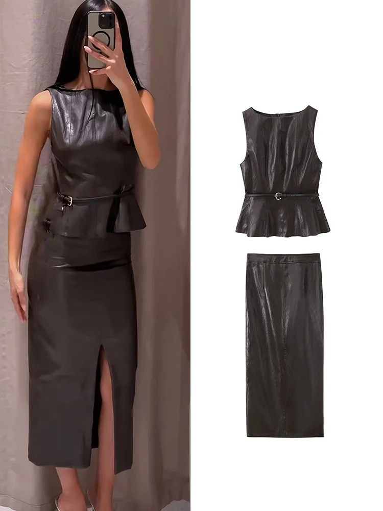 

TFMLN Spring New Women Fashion PU Leather Sleeveless Belt Tank Top High Waist Skirt Suit Elegant Solid OL Chic 2pcs Outfits