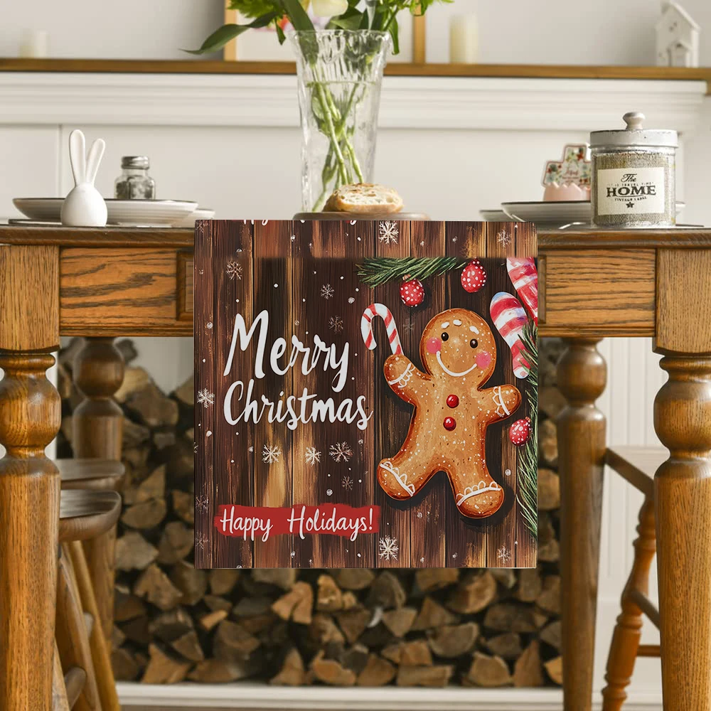 Christmas Gingerbread Man Wooden Candy Table Runners Dresser Table Decor Washable Kitchen Dining Coffee Table Runner Party Decor