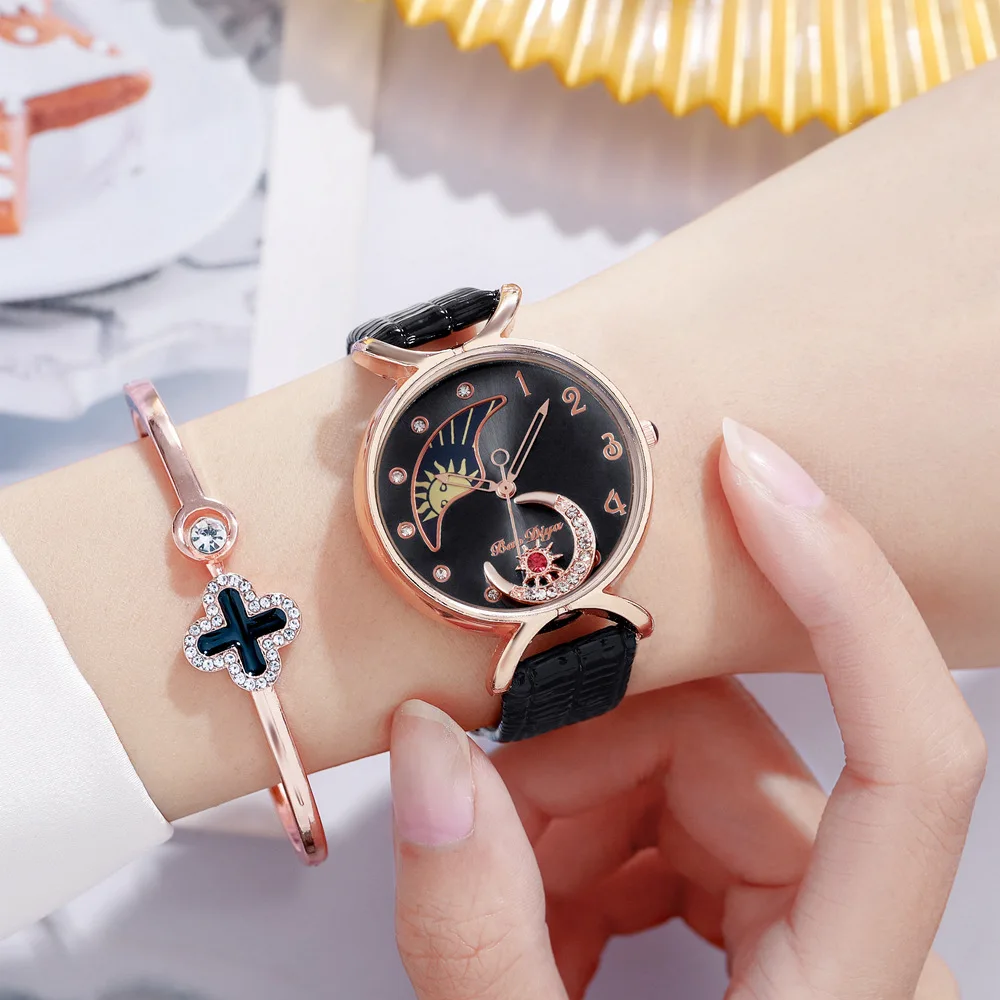 Elegant Moon with Diamonds Watches Women Fashion Luxury Quartz Wristwatches Casual Female Leather Watch Creative Montre Femme