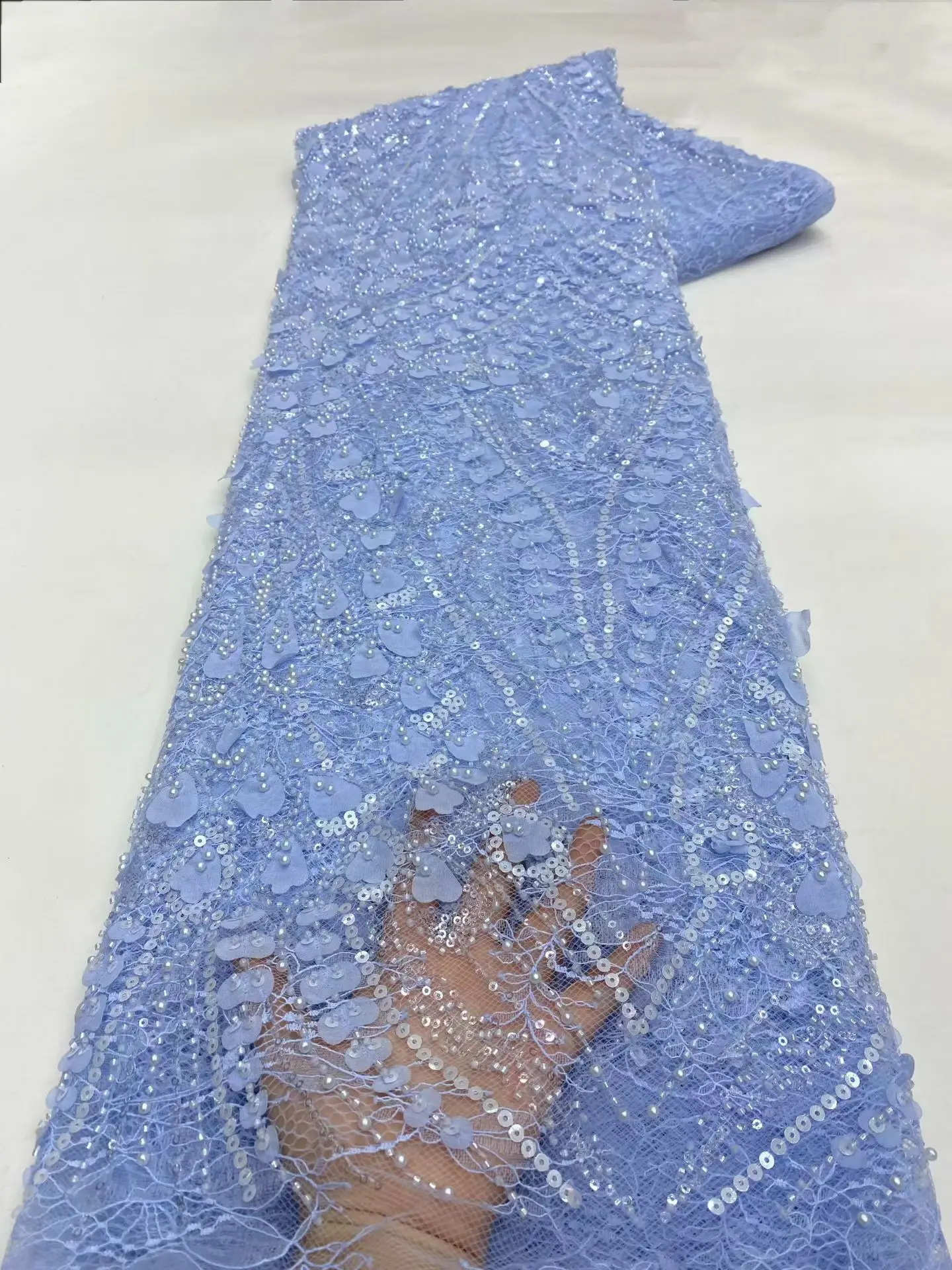 

New Arrival 3D Handmade Beads Sequins Sky Blue African Lace Fabric 2026 Beaded French Lace Fabric For Women Party Dress KXX26140