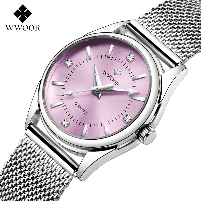 Wwoor novo relógio feminino rosa luxo criativo à prova dwaterproof água senhoras vestido relógios elegante moda feminina relógios de pulso de aço