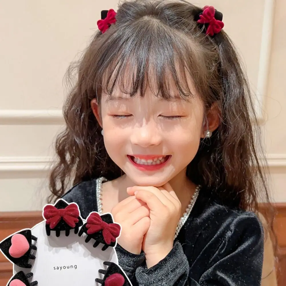 Cute Heart Cat Ear Hairpin Flocking Bow Children's Hair Clip Small Hair Claw Cartoon Velvet Hair Clip Baby