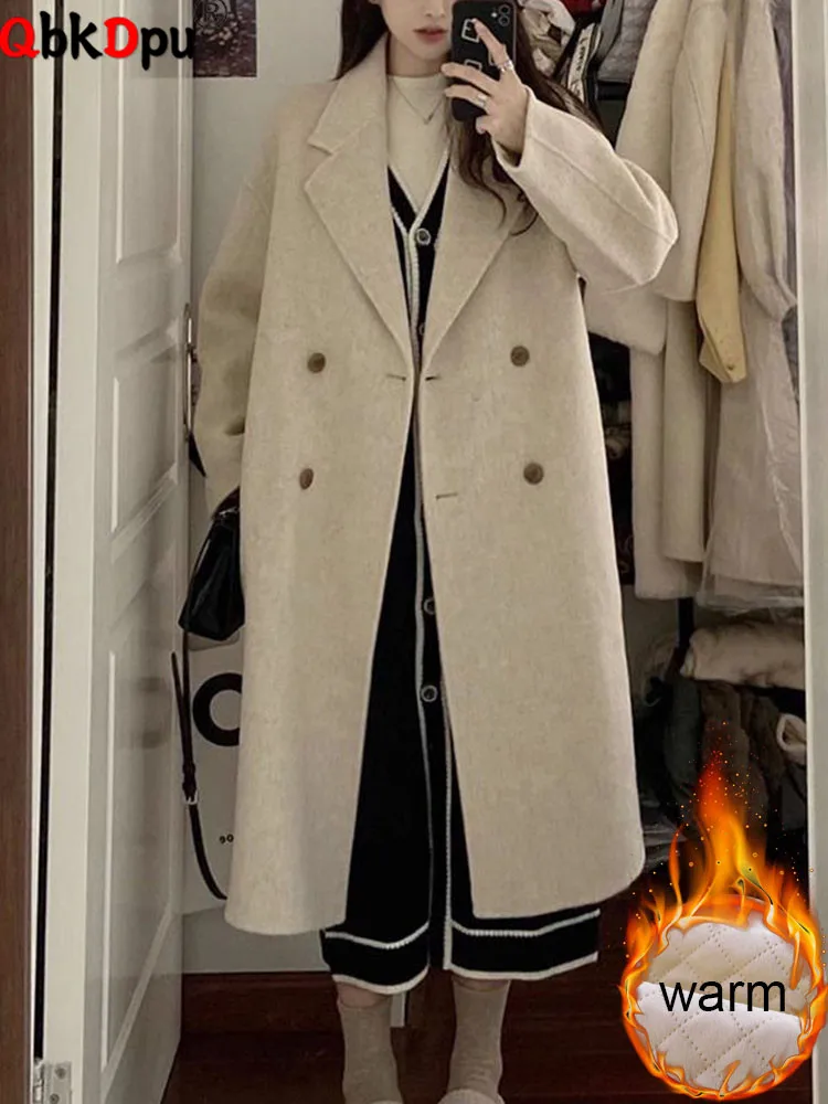 

Winter Thicken Loose Long Woolen Jackets Korean Lapel Wool Blend Chamarras Woman Cotton Padded Lined Warm Causal Elegant Coats