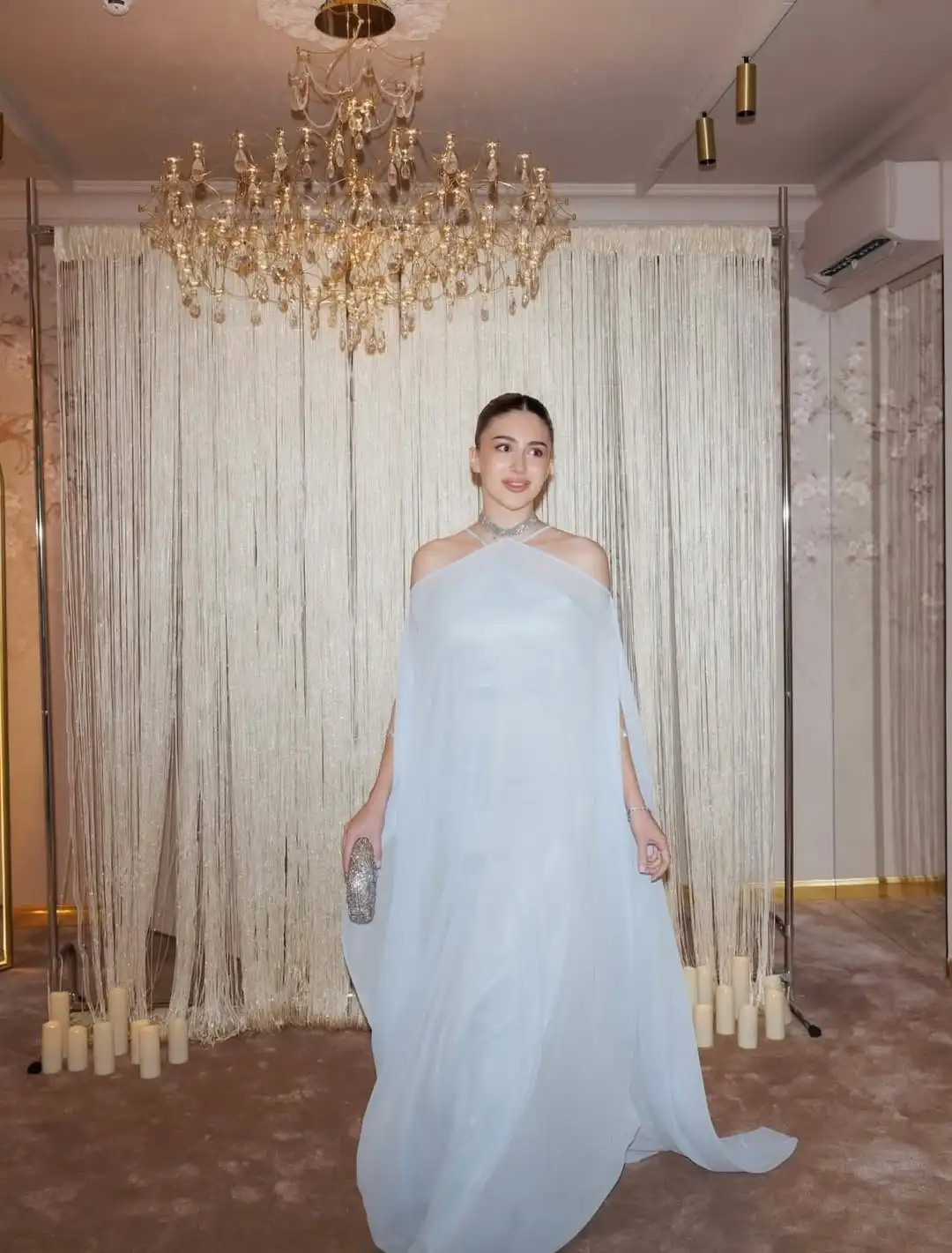 

Meetlove Blue Princess Sweet A line Floor Length Prom Women Dresses Customized Halter Evening Gowns