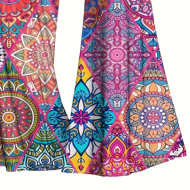 Plus Size Wide Leg Pants - Vibrant Colorblock Geometric Print, Ruched High Waist, Comfortable Casual Wear, Flattering Silhouette