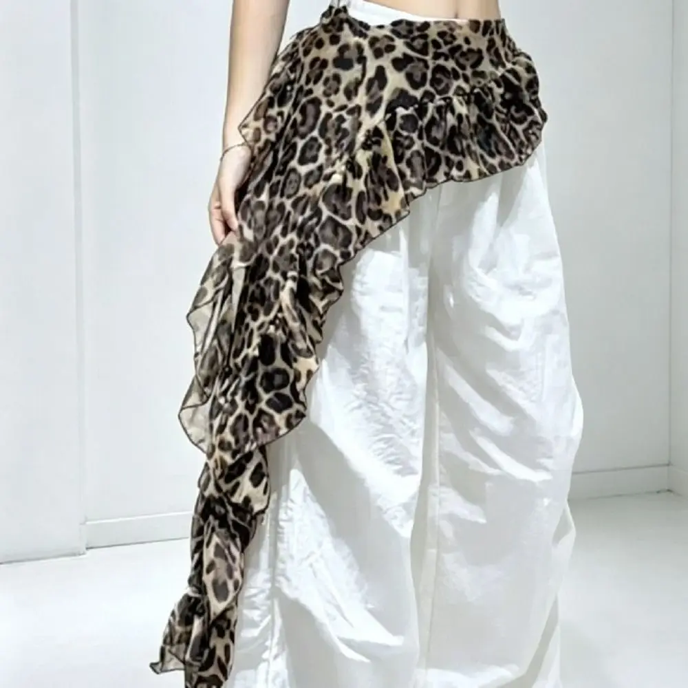 Jeans Pants Decor Leopard Lace Mini Skirt See Through Y2K Streetwear Ruched Skirts Irregular Harajuku Butt Curtain