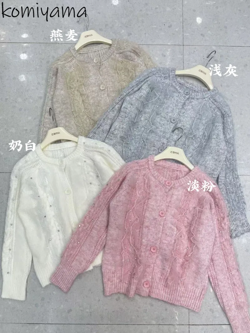 

Spliced Diamonds Mesh 2025 Woman Cardigan Outerwears Knit Sweater O-neck Long Sleeve Cardigans Single Breasted Ropa Mujer