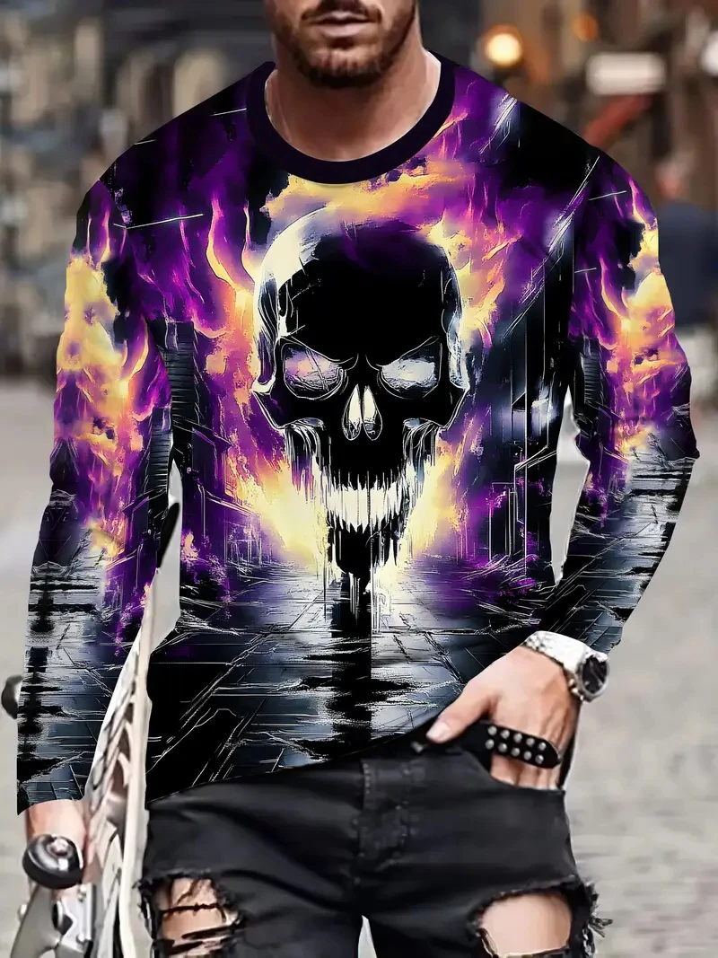 

2025 New Fashion 3D Skull Print Long Sleeve T-shirts Hip Hop Trend Harajuku Men's T Shirt Casual Loose Tops Vintage Men Clothes