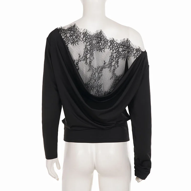SUCHCUTE Damen Langarm-Oberteil mit schulterfreiem Ausschnitt, transparenter Spitze und Patchwork, T-Shirt, schmale Passform, Y2K Streetwear Outfit, Vintage, lässig, schick – Detail 5