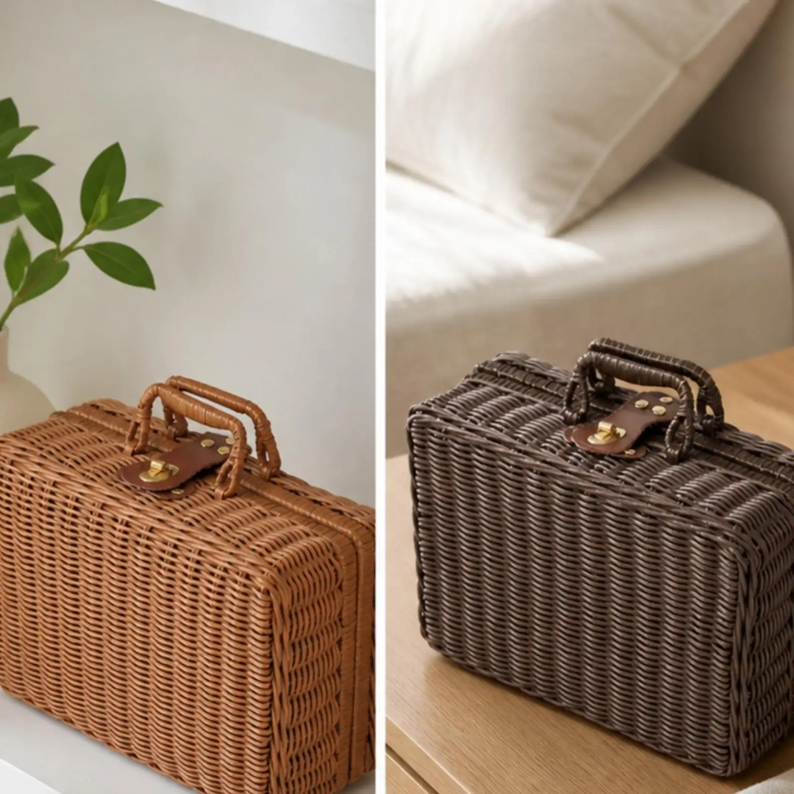 PP Wicker Storage Box with Hinged Lid Artisanal Rectangular Gift Box with Buckle Closure