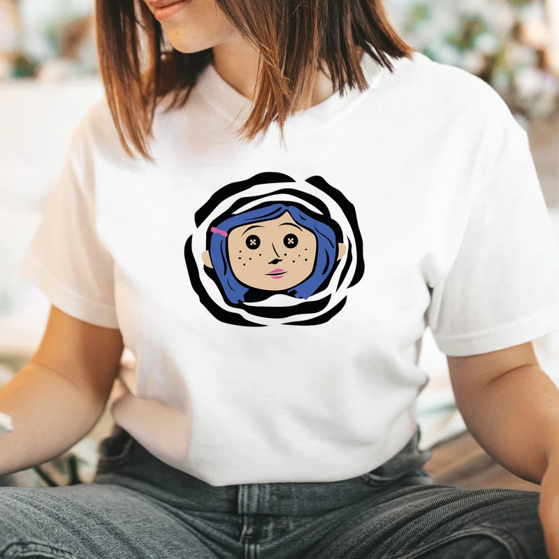 Coraline T Shirt Women Horror Pop Culture Burton Tee Shirts Harajuku Graphic Tees Summer Cotton Short Sleeve Female Clothing