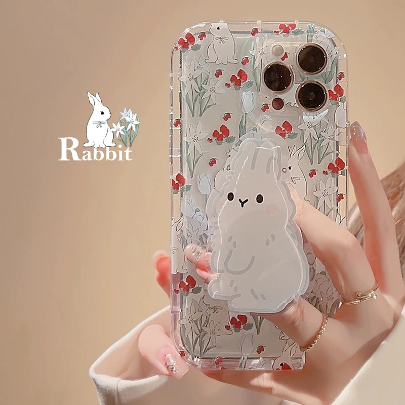 Phone Case For iPhone 14 Pro Max 13 Mini 12 11 15 7 8 Plus SE 2020 X XR XS Cute Rabbit Grip Holder Cover