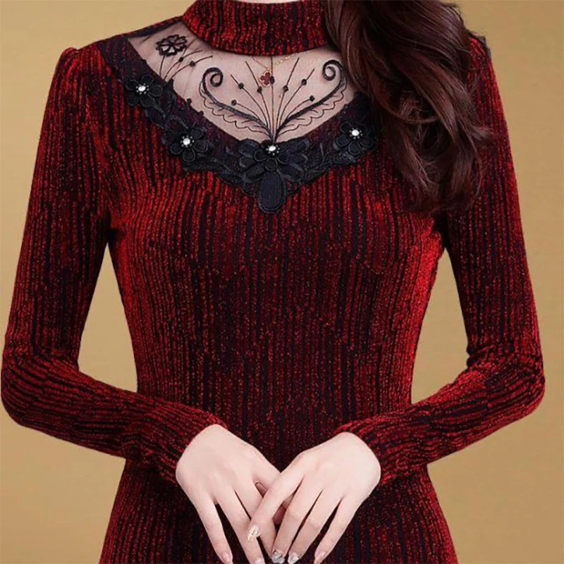 

Elegant Bright Silk Spliced Beading Embroidery T-Shirt Women's Clothing 2023 Autumn Winter All-match Tops Office Lady Tee Shirt