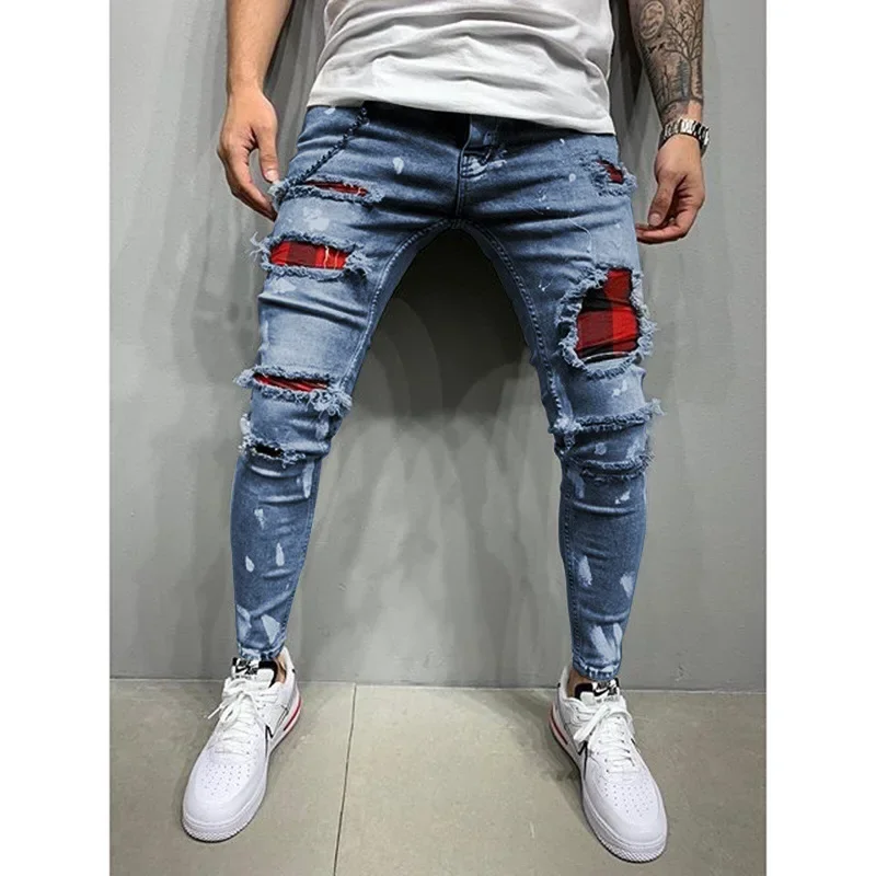 Nuevos pantalones rasgados ajustados para hombre, nuevos pantalones vaqueros pintados para hombre