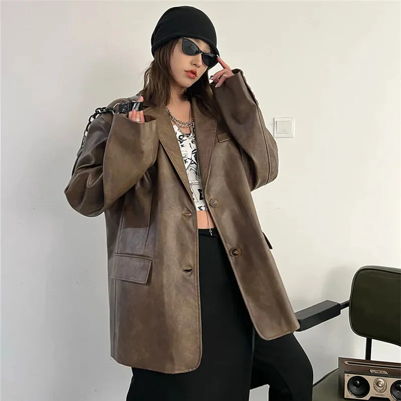 Giacca in finta pelle PU marrone Primavera Autunno Donna Casual Colletto dentellato allentato Manica lunga Cappotto imitazione Chaqueta Mujer