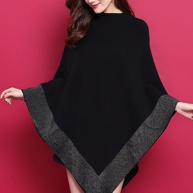 New Autumn Fashion Winter Diamonds Knit Shawl Cloak Loose Plus Size Solid Woman Poncho Cape Pullover Sweater Black