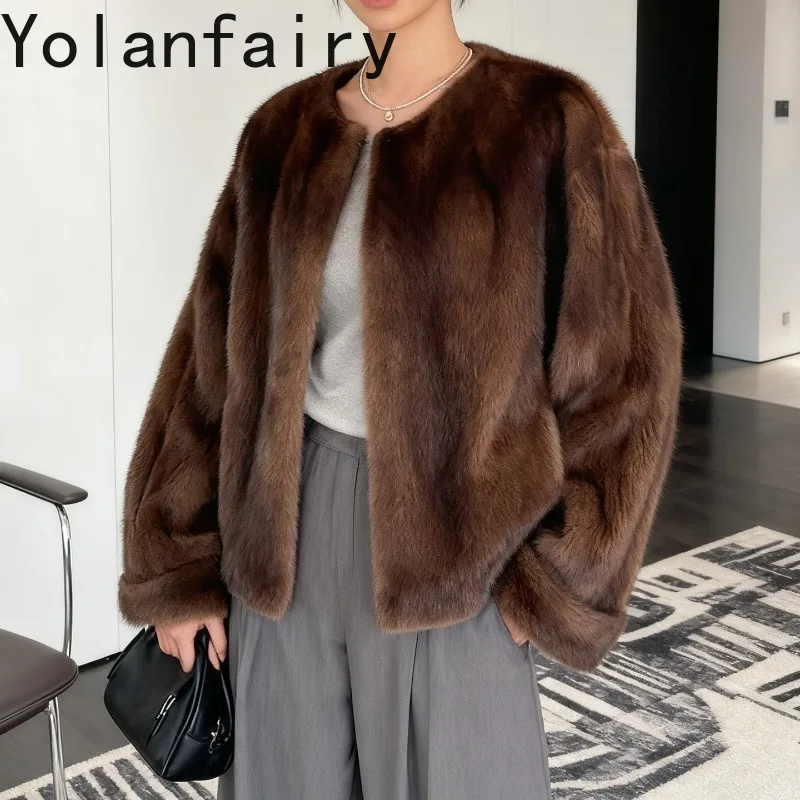 YOLANFAIRY manteau de fourrure naturelle femme de luxe hiver élégant réel entier manteaux de fourrure de vison mode couleur café veste de fourrure vêtements d'extérieur