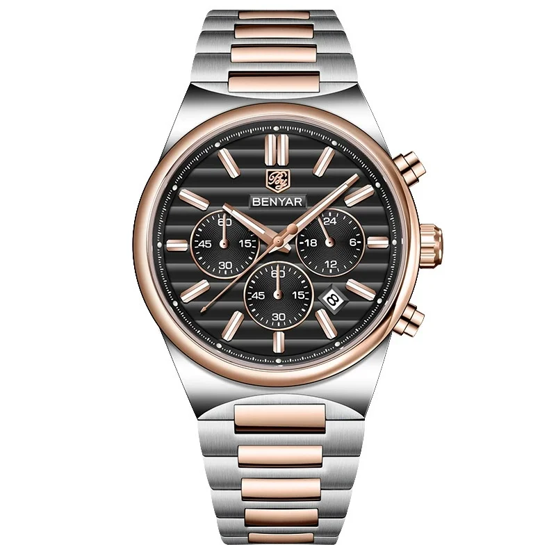 BENYAR 5214M الأعمال الجديدة الأنيقة ساعة كوارتز رجالية رائجة البيع مقاوم للماء كرونوغراف ضوء الليل التقويم ساعة reloj hombre