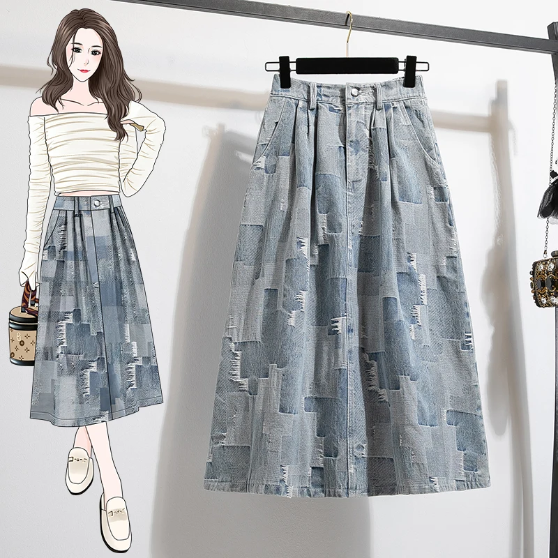 

Casual Denim f Skirt Women's Spring Autumn New Sle High Waist A-Line Midi Skirt Floral Print Versatile Large Size Split