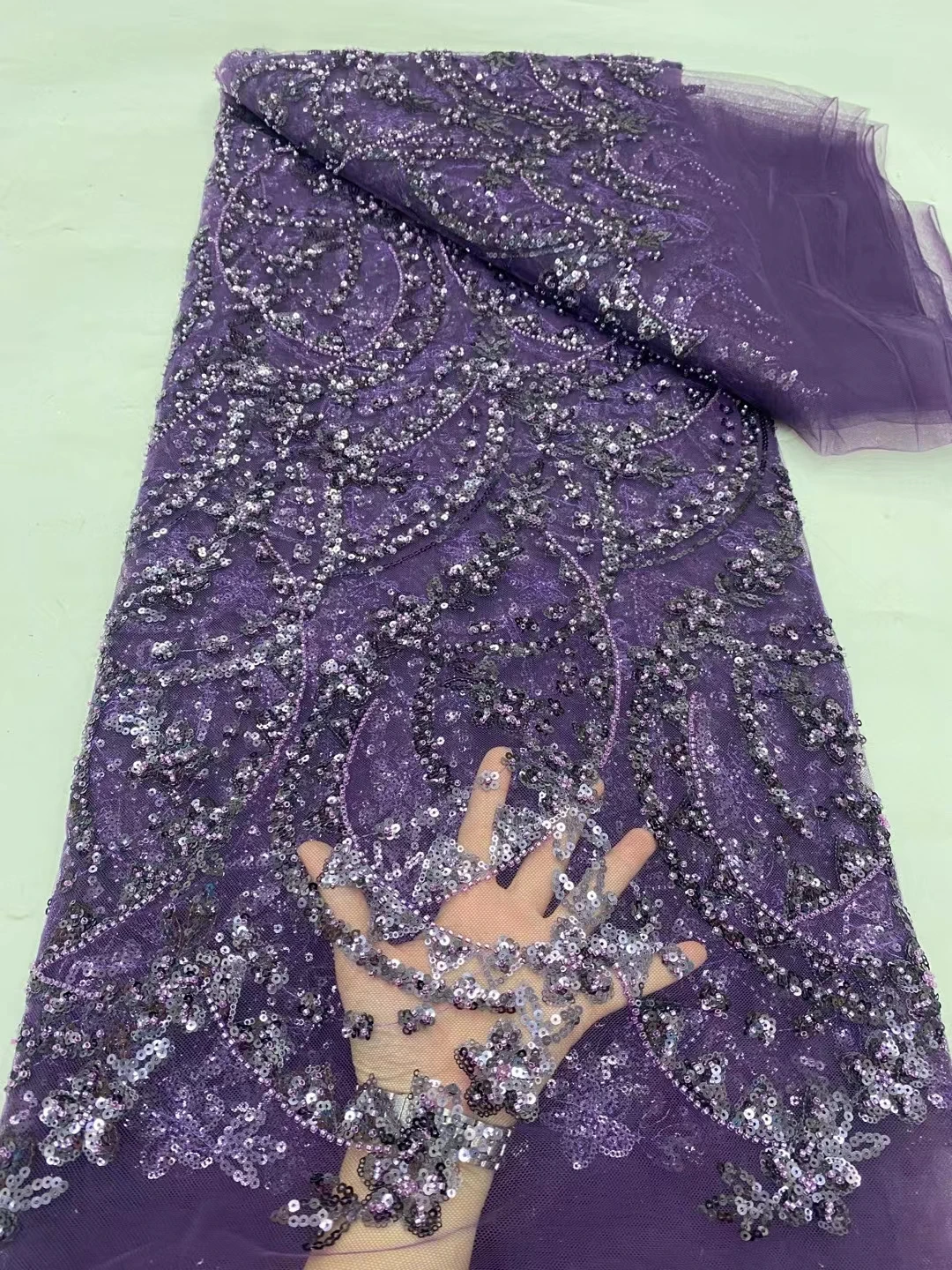 NDPN343 Purple!Good quality African net lace with sequins & beads,pretty embroidered French tulle lace for party/wedding dress