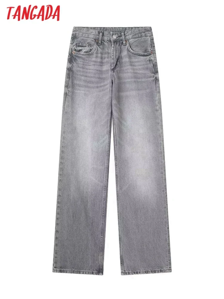 Tangada 2023 Women Gray Wide Leg Jeans Pants Trousers Pocket Female Long Denim Pants 3H24