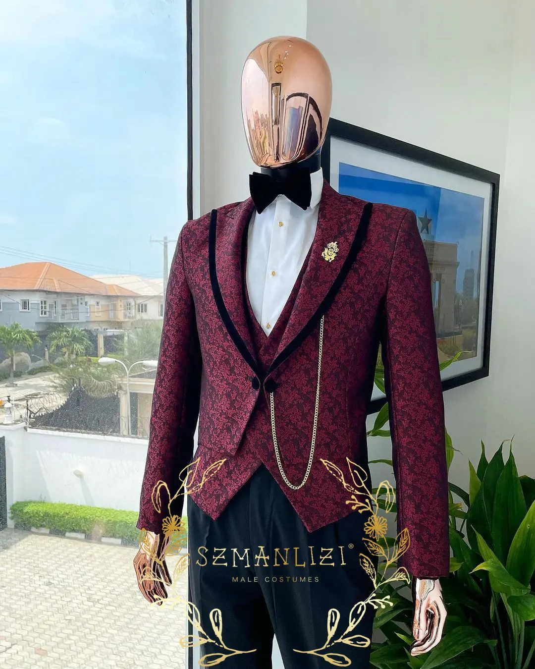 

Classic Formal Business Party Men Suits 3 Pieces Burgundy Jacquard Pattern Groom Tuxedos For Wedding Costume Blazer Vest Pant