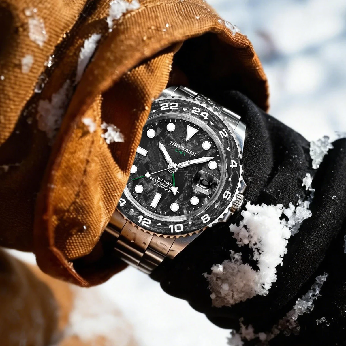  TIME TOKEN GMT Luminous Magic Carbon Fiber Men's Automatic Mechanical Watches Calendar  Stainless Steel Luxury Divers 10ATM