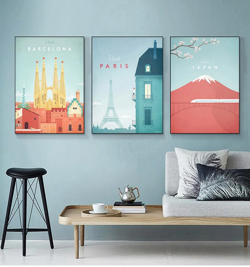 Cuadro de dibujos animados con paisaje urbano de París, Barcelona, Japón, pintura en lienzo, póster decorativo para el hogar, sala de estar y dormitorio