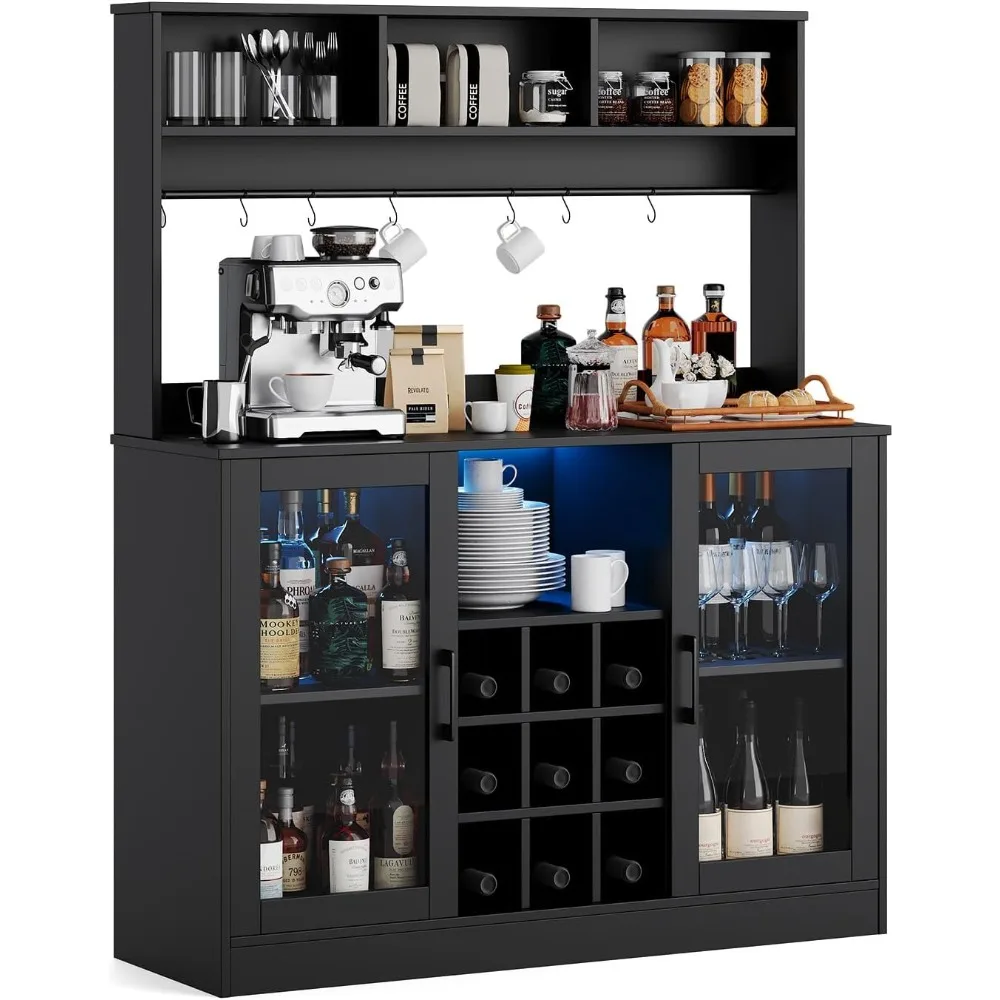 와인 바 캐비닛, LED 조명이 있는 와인 캐비닛, 수납 공간이 있는 주류 캐비닛, 전원 소켓, 조절 가능한 선반, 모던 홈 와인