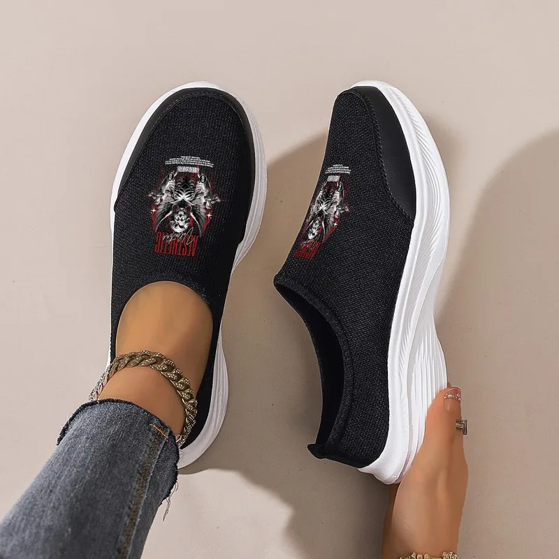 

Women's Black Mesh Slip-On Casual Shoes: Chunky Platform & Trendy Print. Comfortable for Daily Commute, Shopping & Leisure Wear