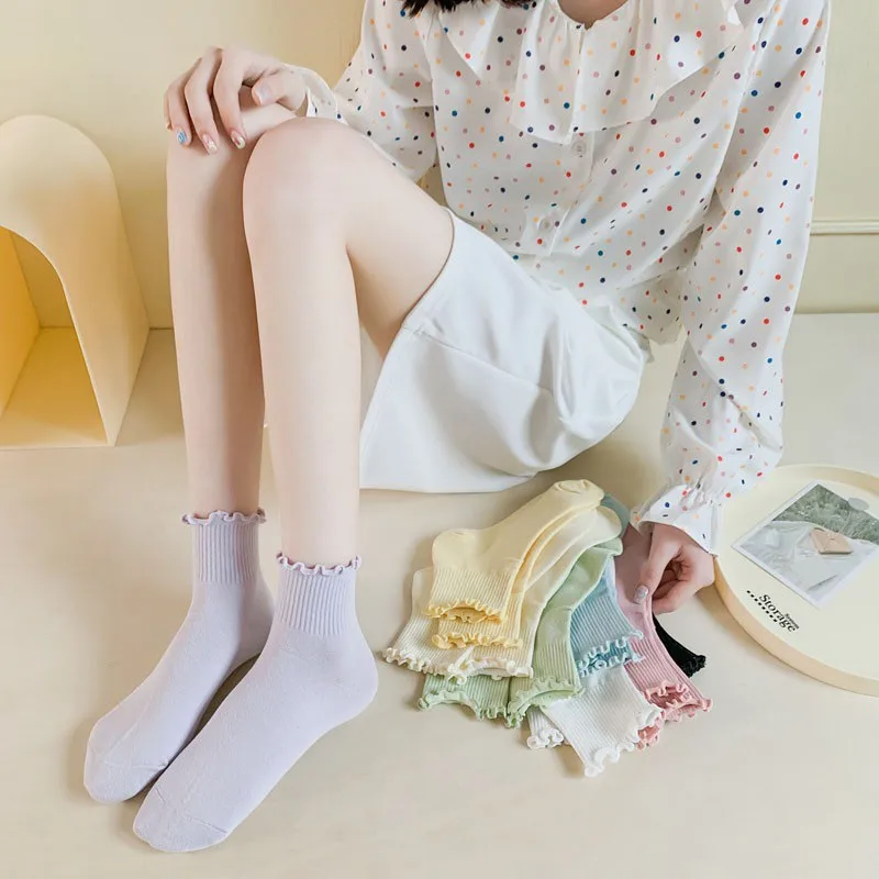 Women Cotton Socks Thin Simple Solid Color Kawai Agaric Lace College Sports Socks Stacked Socks Medium Tube Socks B117