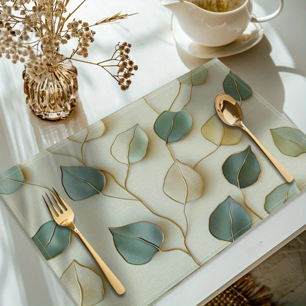 

Set of 4 Suige Home Woven Polyester Placemats, Leaf Print, Machine Washable, Rectangular Table Mats for Dining Decoration