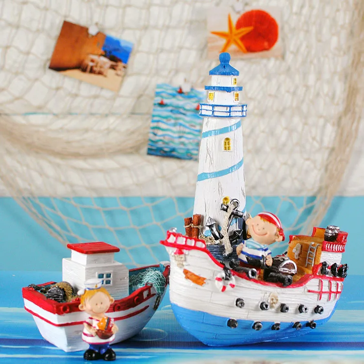 Children's Room Study Decoration Cartoon Resin Lighthouse Sailing Pirate Ship Model Modern Home DecorationArts Ornaments Gifts