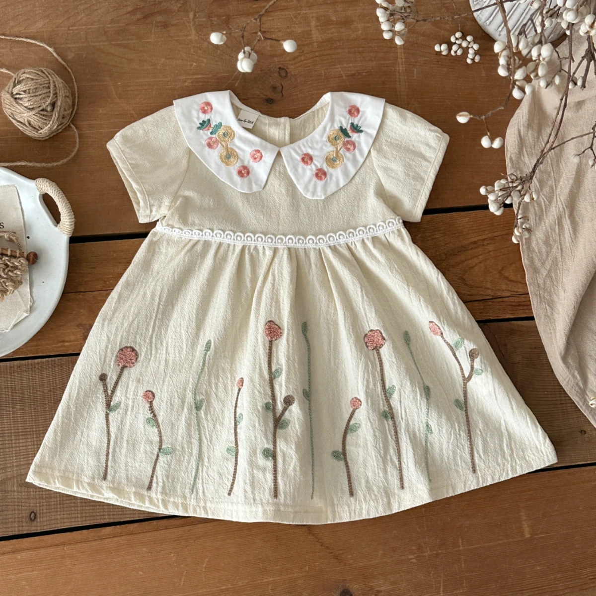 Summer Toddler Pure Cotton Dress Cute Doll Collar Flower Embroidered Princess Dress for Baby Girl 0-3 Years Old 3