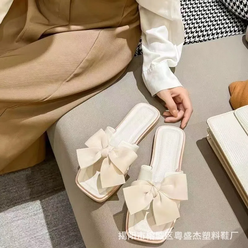 2024 New Bow Slippers for Women\'s Summer Outwear Fashion Home Flat Bottom Anti slip Fairy Style Slippers Luxury women\'s shoes