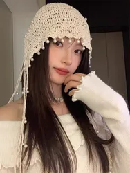 Bohemian Woven Hollowed-Out Baotou Hat Ladies Summer Thin Breathable Pearl Tassels Adorn Ethnic Wind Pile Hat