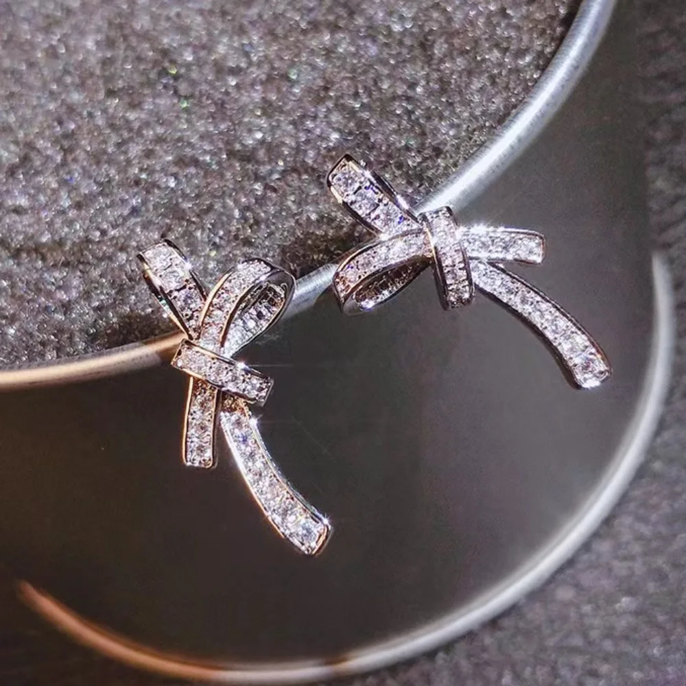 Free Shipping Jewelry Bow Earrings Cubic Zirconia Earrings Korean Fashion Jewelry Sexy Women\'s Girl Party Wedding Gift
