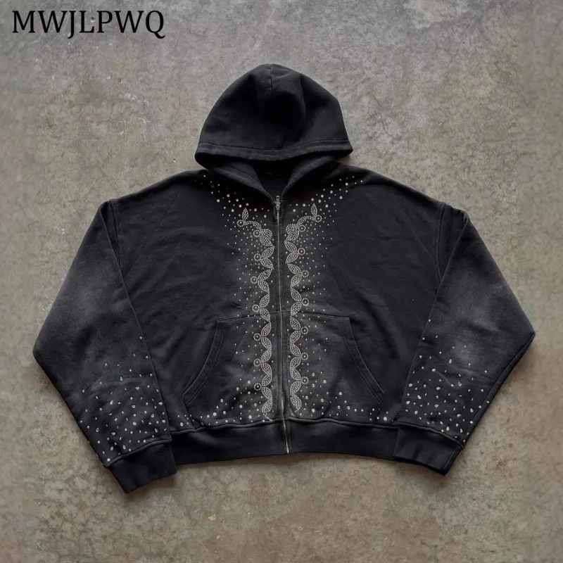 

MWJLPWQ Новая модная куртка с капюшоном и стразами, кардиган на молнии, уличный стиль, индивидуальные свободные повседневные топы с длинными рукавами, осень 11527