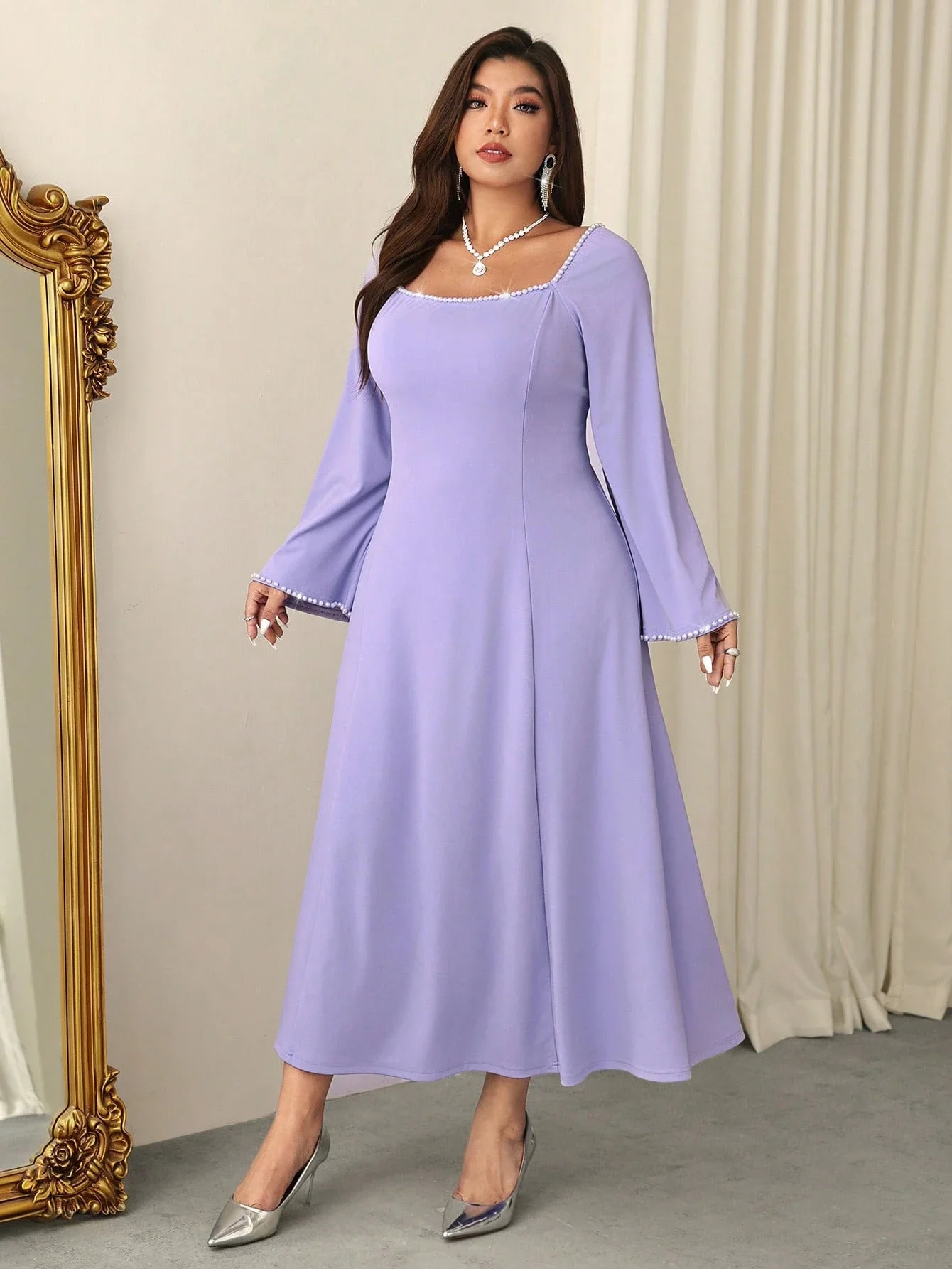 

Elegant Lilac Flare Sleeve Beaded Party Dress Women Long Sleeve Midi Dress