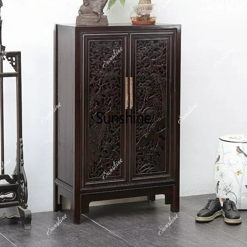 New Chinese-style solid wood door camphor wood carved shoe cabinet