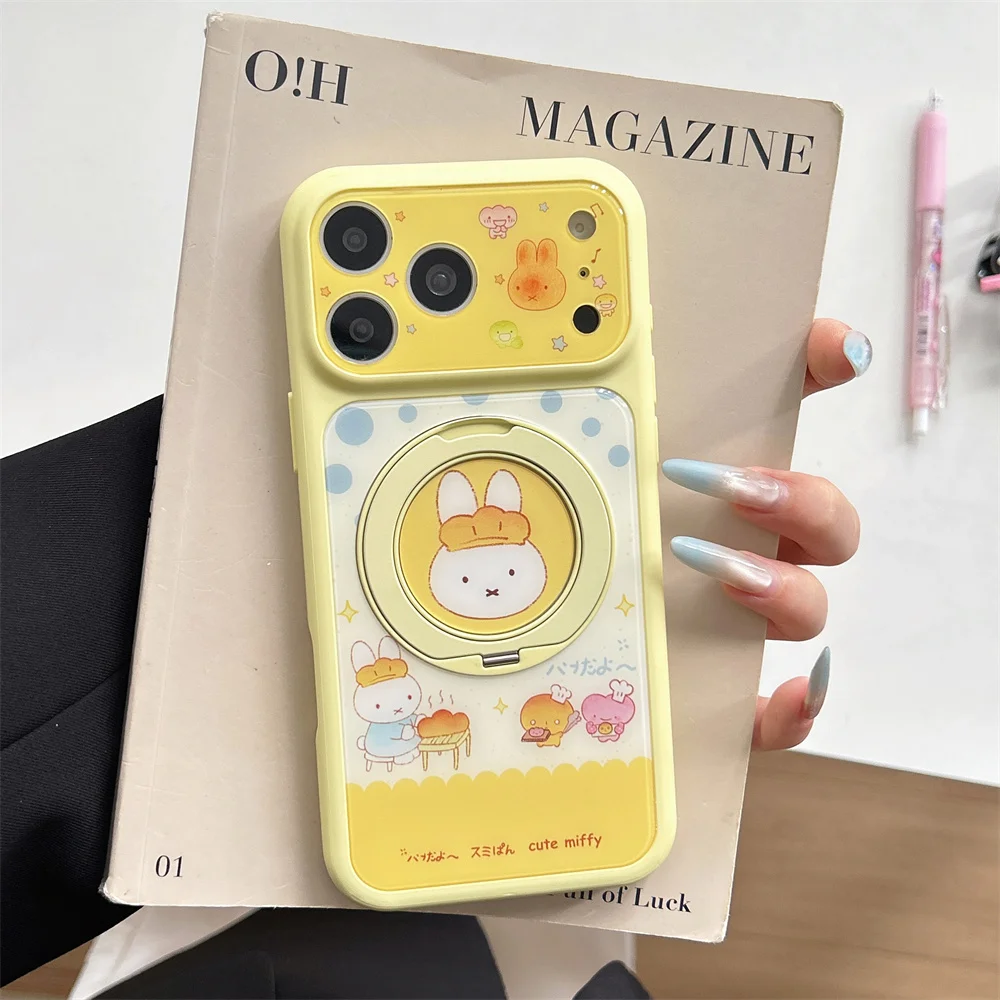 

Kawaii Bread Miffy Rabbit Cartoon Phone Case for iPhone 15 Pro 17 16 17 Pro Max 16 Max Cover With 360 ° Rotate Stand Korean Case