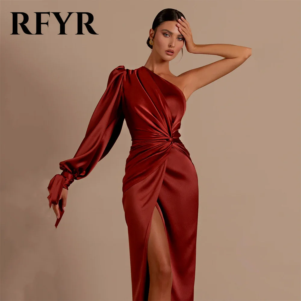 RFYR One Shoulder Full Sleeves Evening Dresses Burgundy Stain Prom Dresses With High Split Pleat Mermaid вечернее платье люкс