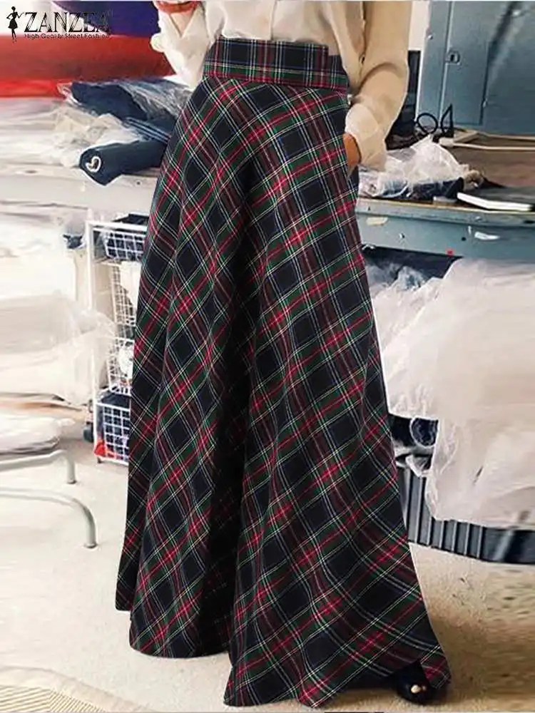 ZANZEA Fashion Women Checked Long Skirt Vintage Autumn Sundress Casual High Waist A-line Faldas Saia Loose Maxi Skirts Jupe Robe